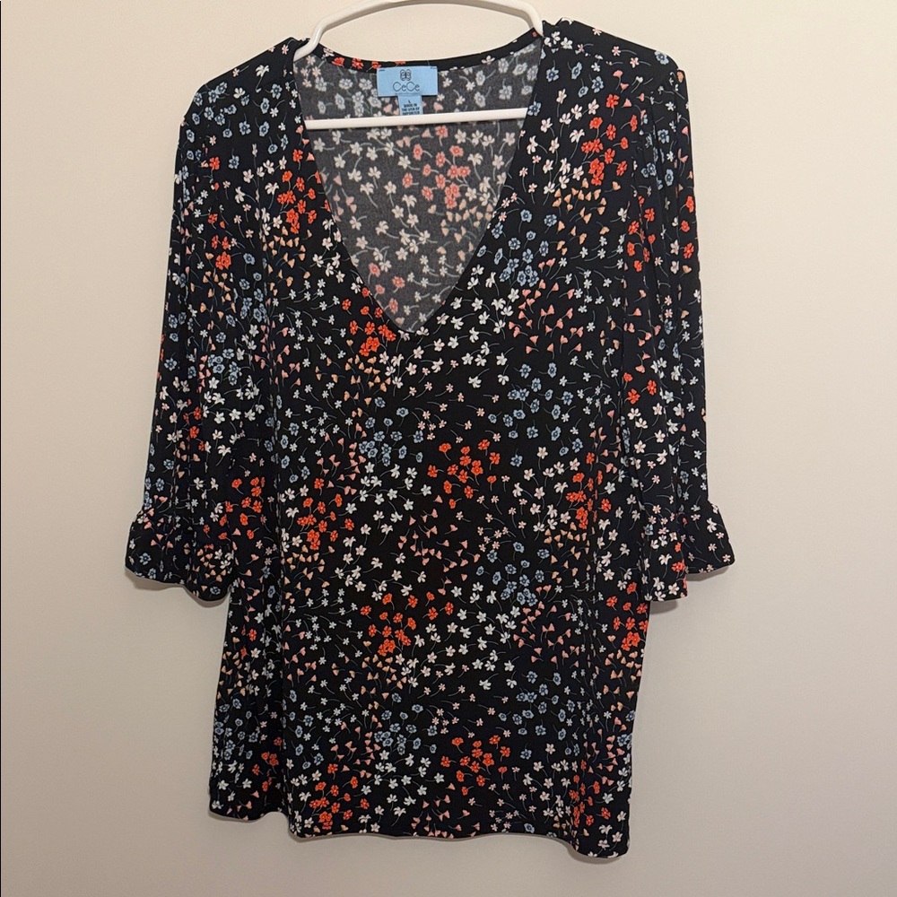 CeCe Multicolor Floral V-Neck Blouse